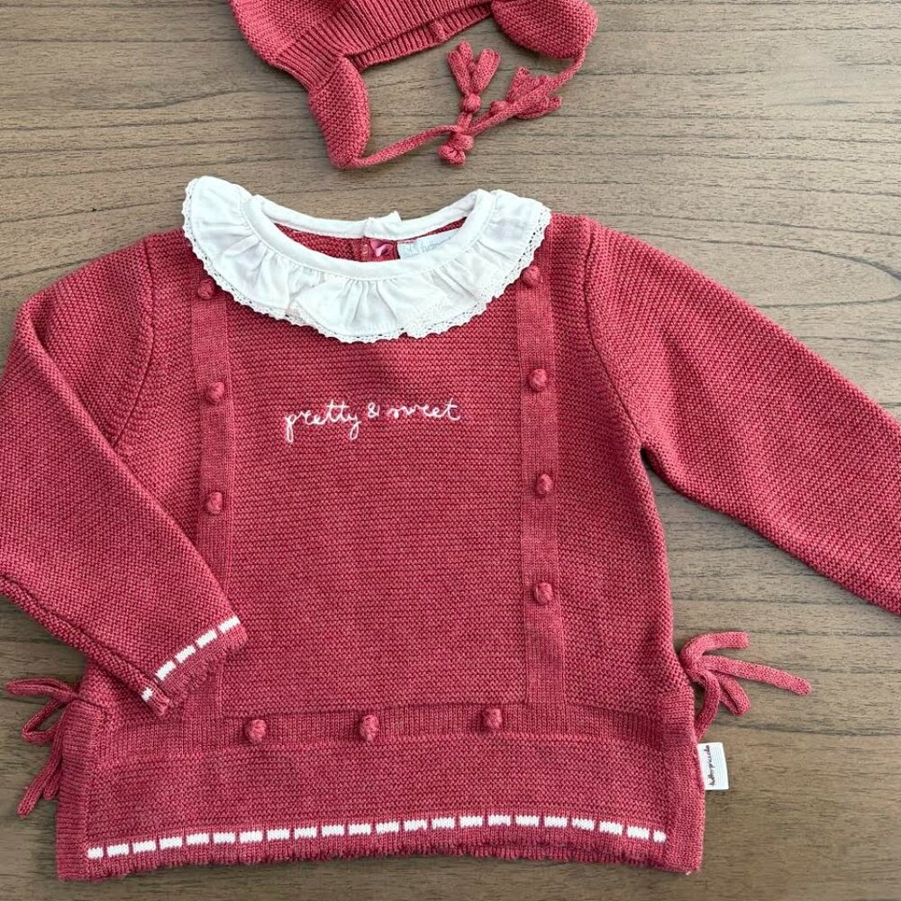 Tutto Piccolo Baby Girl's Knit Sweater with Matching Double Tossle Hat 9-12 Mo